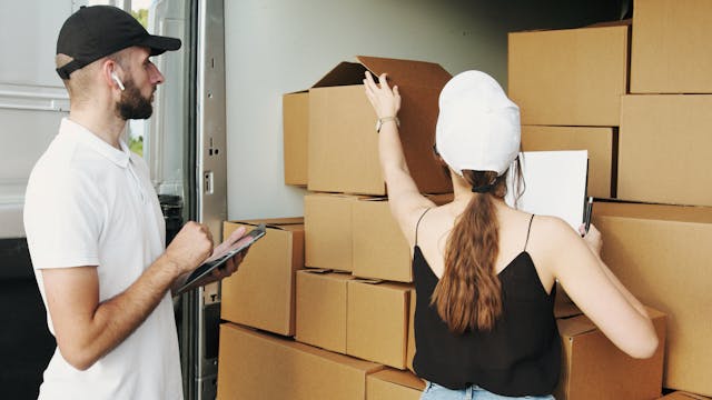 A man and a woman stand beside a moving truck, inspecting the contents of a loaded box.