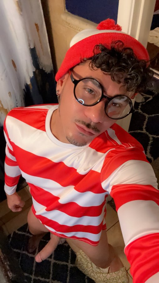 Cesar Xes in gay wheres waldo porn cosplay with no pants showing off his erect cut cock
