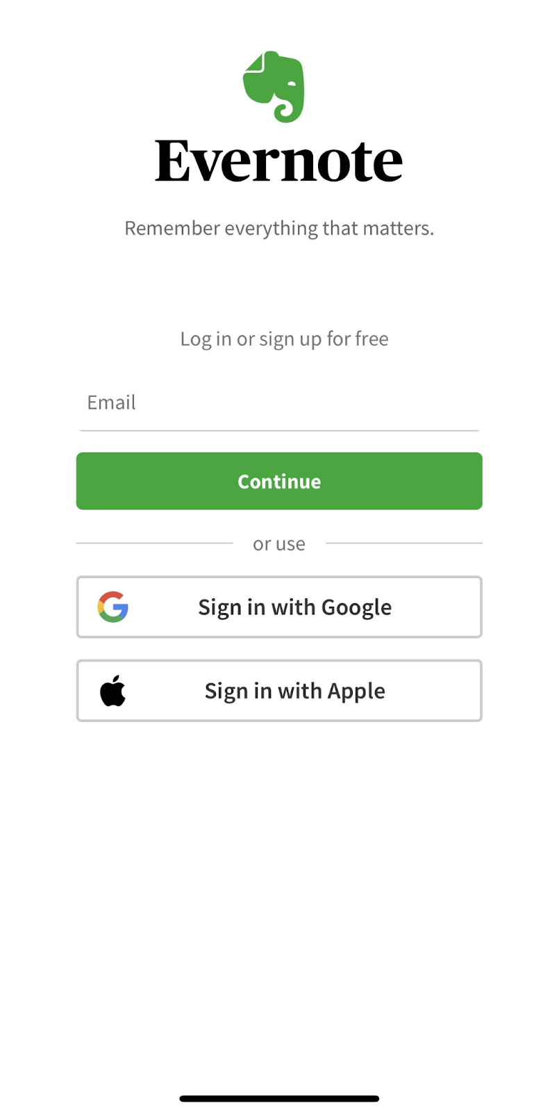 Screenshot of Evernote app signup process