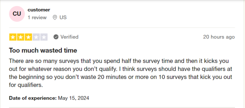 A 3-star Trustpilot review from a Five Surveys user who feels they get rejected for surveys they've put time into too often. 