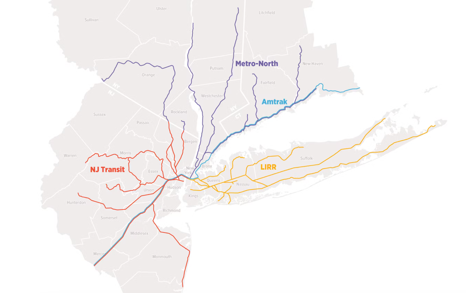 A graphic showing transit networks in the New York, New Jersey, Connecticut region