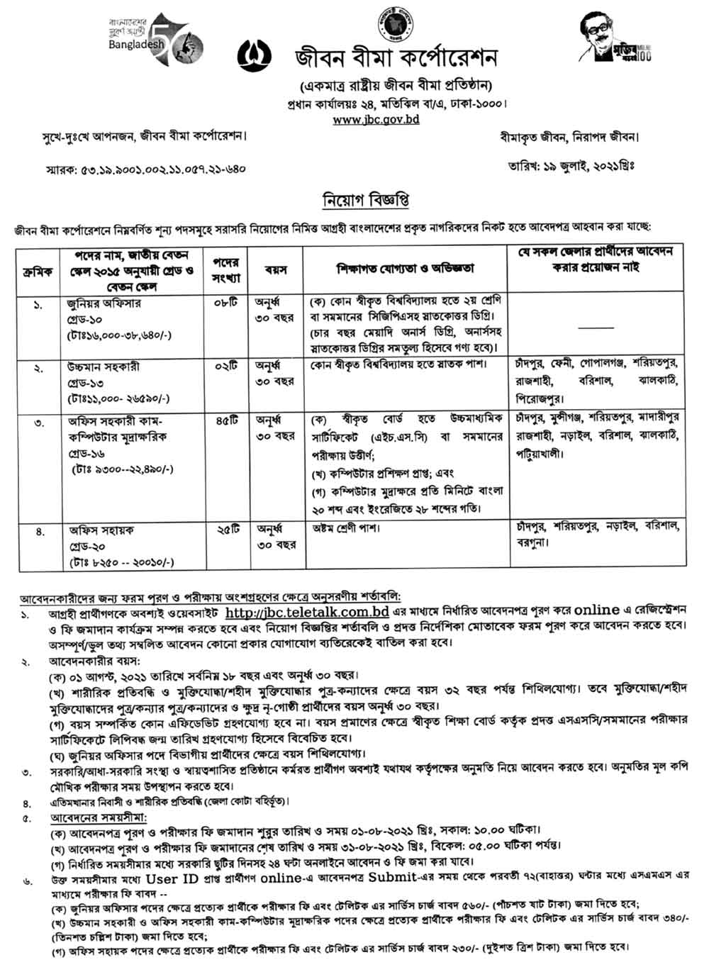 Jiban Bima Corporation Job Circular 01 2021