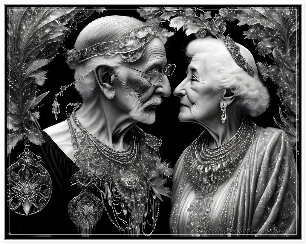 old man and old woman faces with icy jewellery made out of clear glass Mucha style in icy surronding