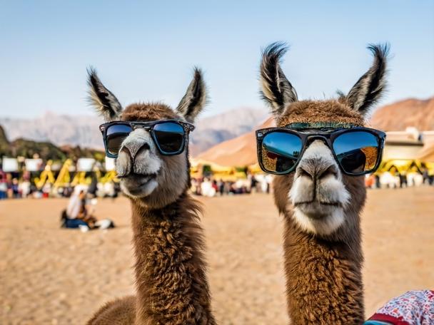 Two llamas wearing sunglasses

Description automatically generated
