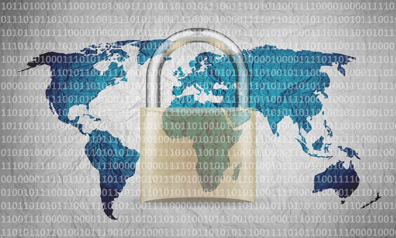 A digital image of a world map overlaid with binary code in shades of blue and a central padlock symbol.