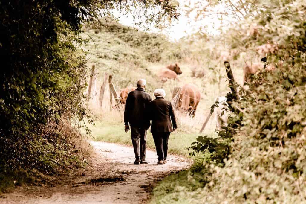 Retired and senior couple walking