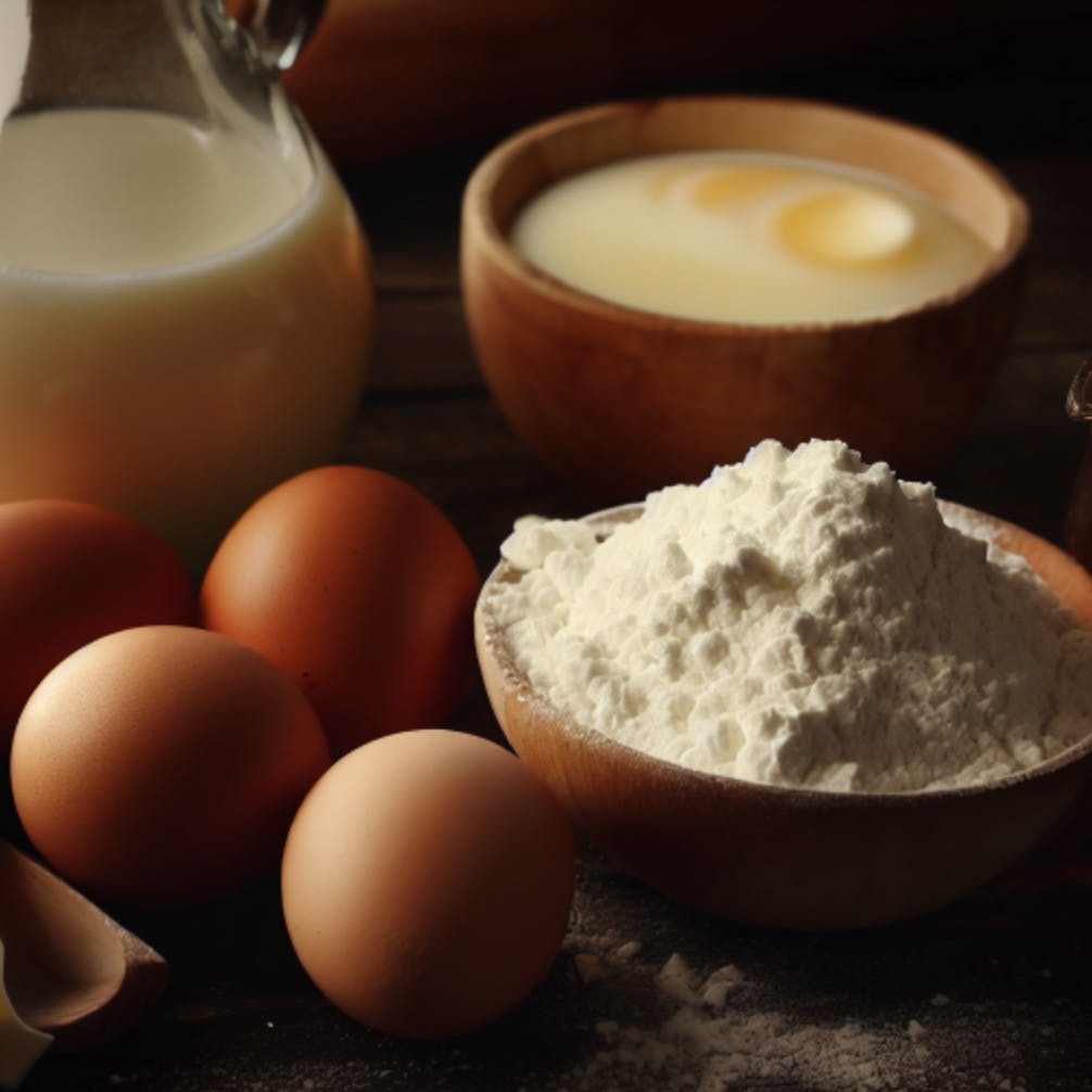 Ingredients laid out on a surface, including eggs, flour, butter, and milk