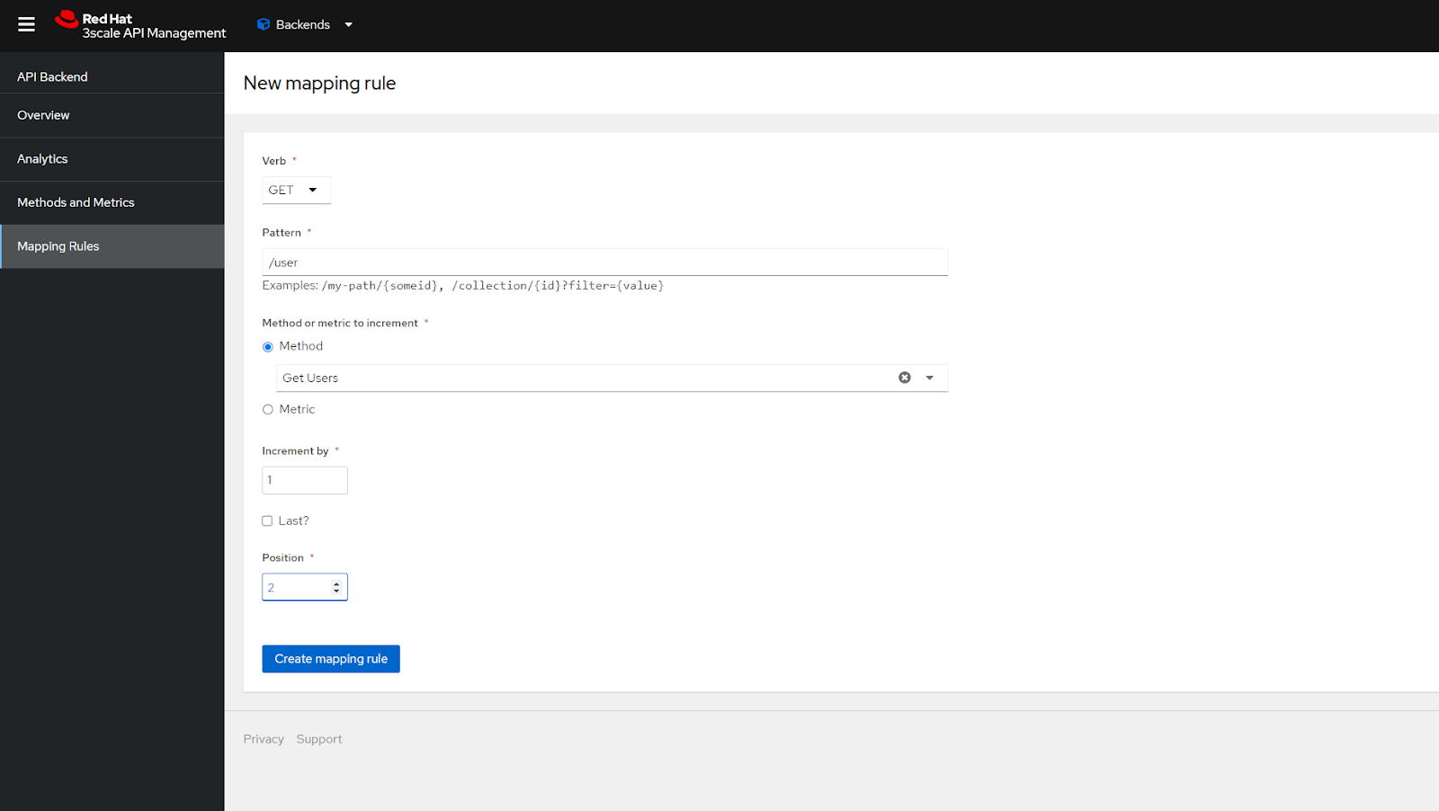 New mapping rule page with options for verb, pattern, method or metric to increment, increment by, and position.