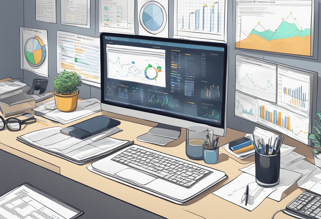 A desk with a computer, paperwork, and a magnifying glass. A wall covered in charts, graphs, and notes related to cryptocurrency investigations