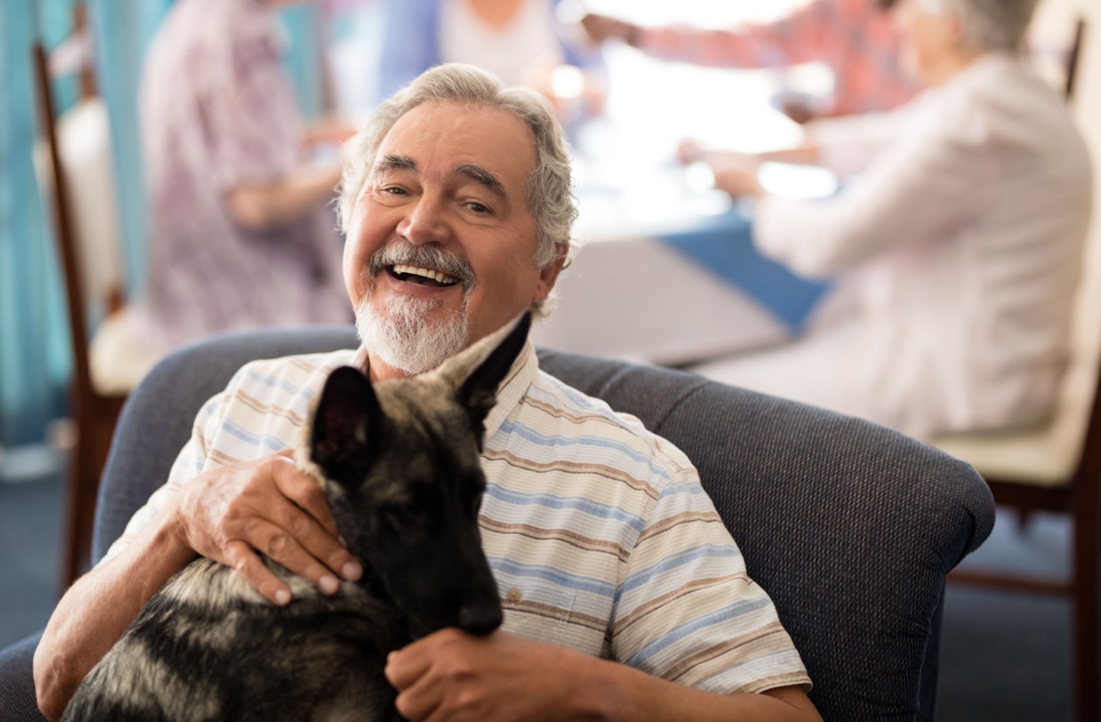 An assisted living resident sitting in a chair and petting a dog that is sitting on his lap