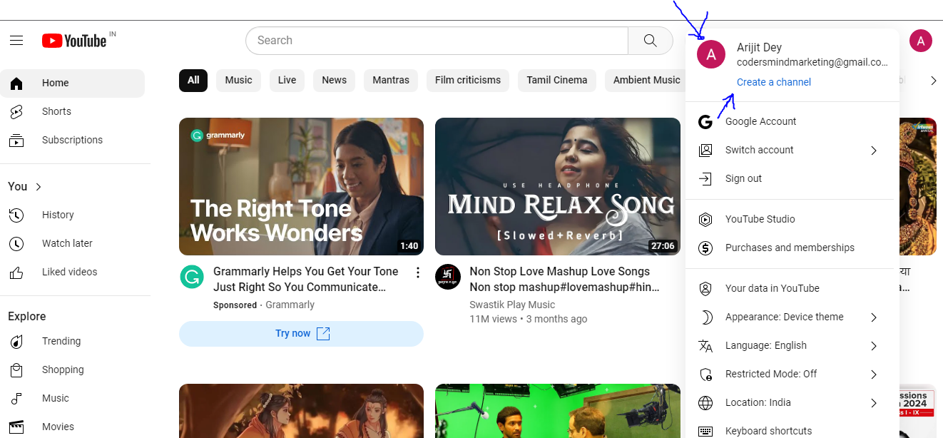 Click Sign In on the right side Create a Channel button of youtube to create youtube account in 2024