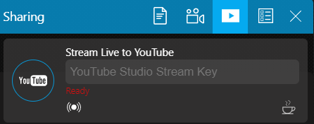 Выберите  Share video stream , как показано выше. Введите ключ трансляции, скопированный в интерфейсе YouTube.