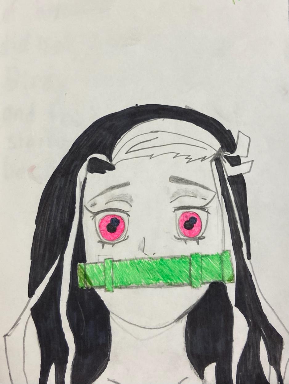A drawing of a child with a green tape over her mouth

Description automatically generated