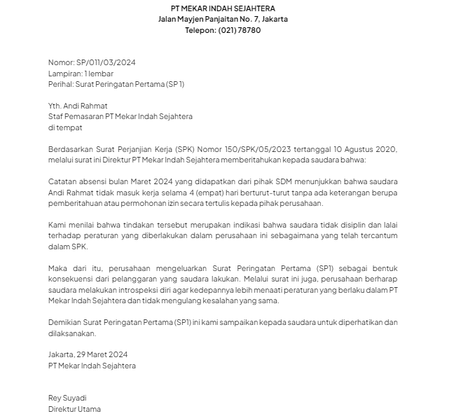 Contoh Surat Peringatan Karyawan SP1