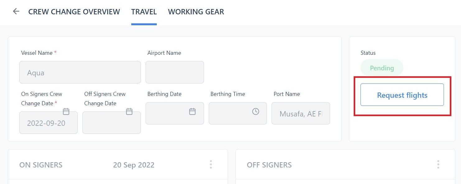 Screenshot of Martide's maritime crew management system showing the Travel page