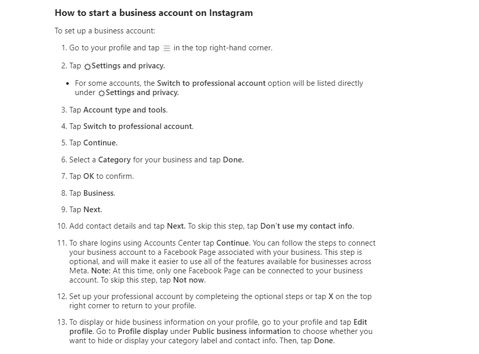 A screenshot from showing How to start a business account on Instagram