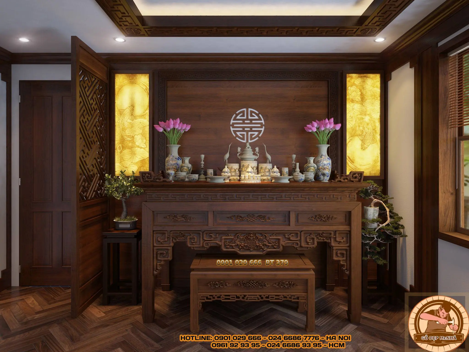 Phòng thờ được bố trí thêm bonsai tăng sinh khí, tài lộc cho gia đình