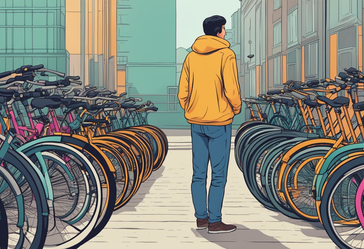 A person standing in front of a row of bicycles, looking at them with a thoughtful expression, trying to decide which one to buy