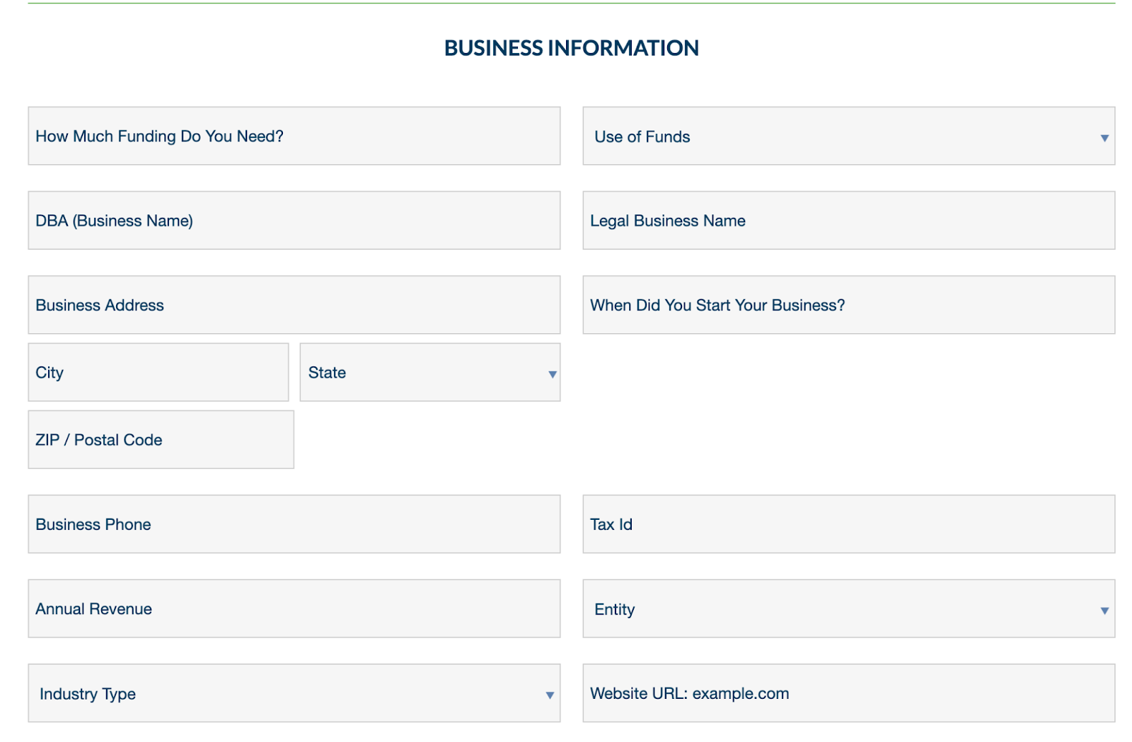 A screenshot showing the different business information Kapitus will require in an application for a small business loan