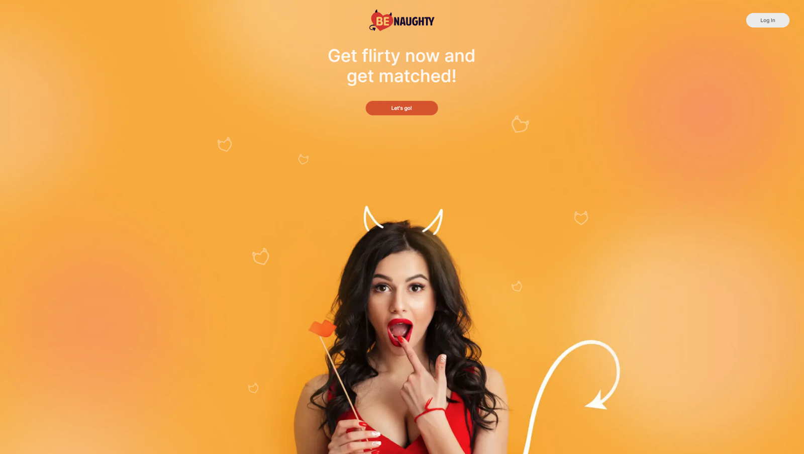 The homepage of the BeNaughty dating website. A hot brunette with red lipstick, devil's ears, and a tail is featured.