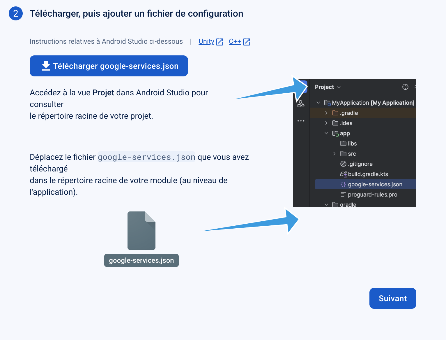 Capture d'écran de Firebase montrant où ajouter le fichier google-services.json