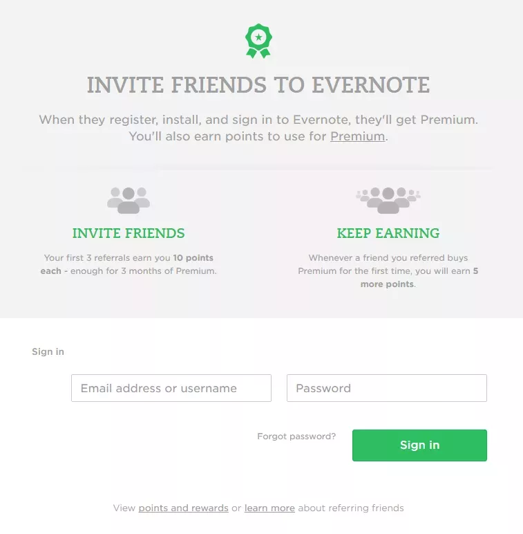 a screenshot of Evernote's loyalty program 