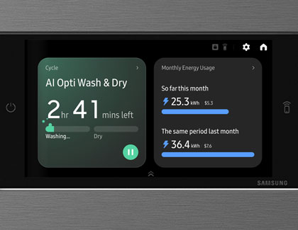 The control panel of a Samsung Bespoke AI Laundry Combo unit displaying the current cycle and monthly energy usage.