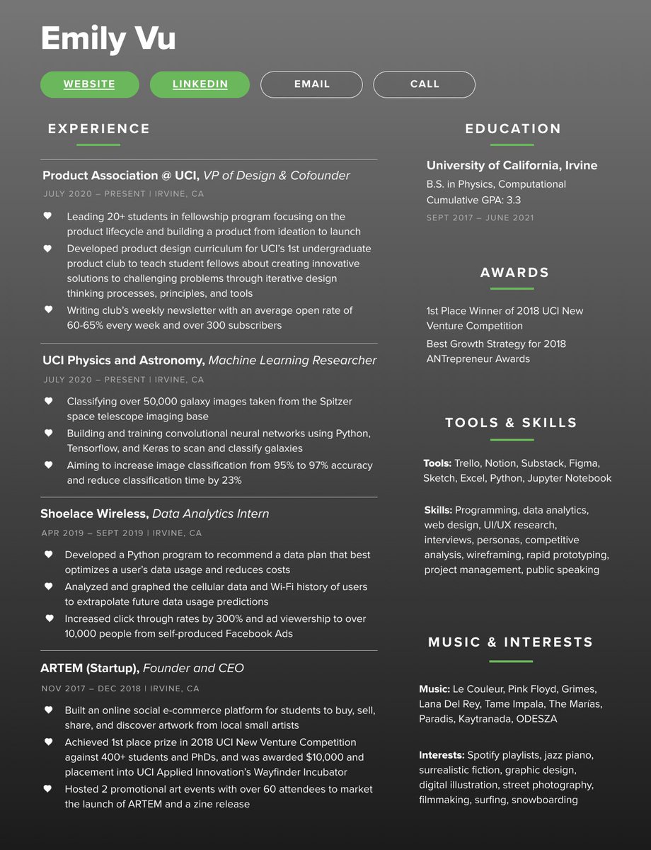 Interests on resume examples: A Spotify-themed resume from product manager Emily Vu that highlights music interests at the bottom of the resume.