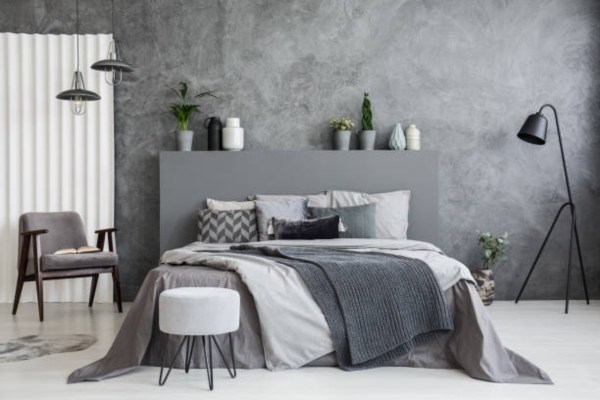Grey bedroom with plants