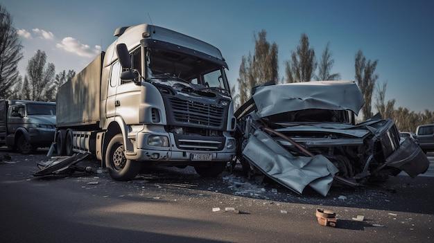 Frontal collision between a car and a large truck on a road generative AI