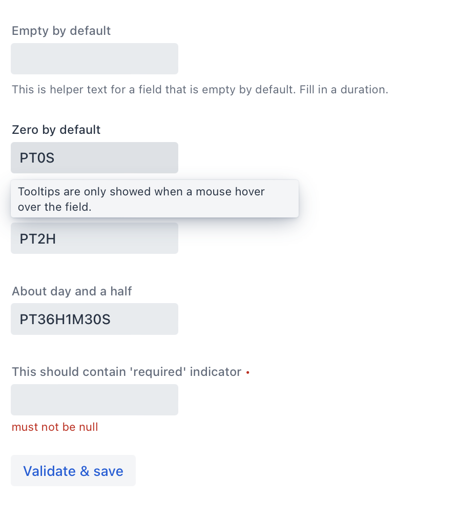 Screenshot of a test view showcasing several form features that the CustomField component provided: labels, helper texts, tooltips, required indication, validation display, etc.