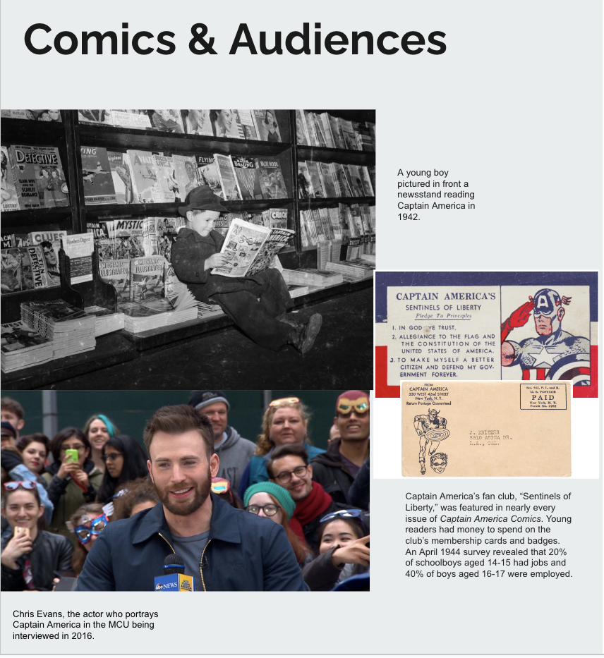 A collage of images: (1) A young boy pictured in front of a newsstand reading Captain America in 1942; (2) Chris Evans, the actor who portrays Captain America in the MCU being interviewed in 2016; and (3) Mail from Captain America's fan club. 