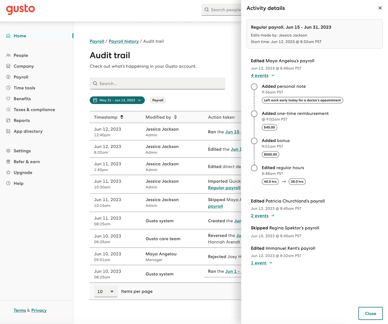 Activity log - the history of payroll and related edits made by you and your team.
