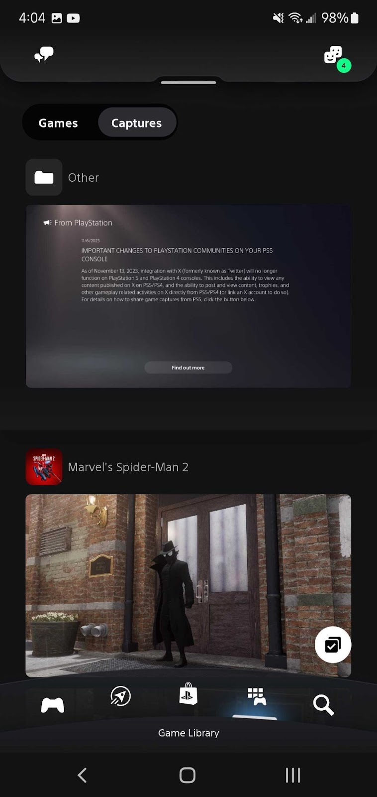 The Game Library capture screen from the PS App.