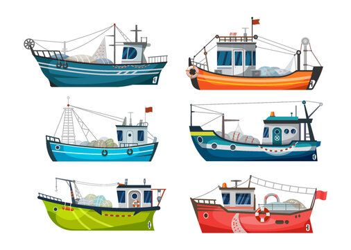 Boat, fishing ship or fisher trawler, vector sea fish catch vessel. Fishing boat or fisherman commer