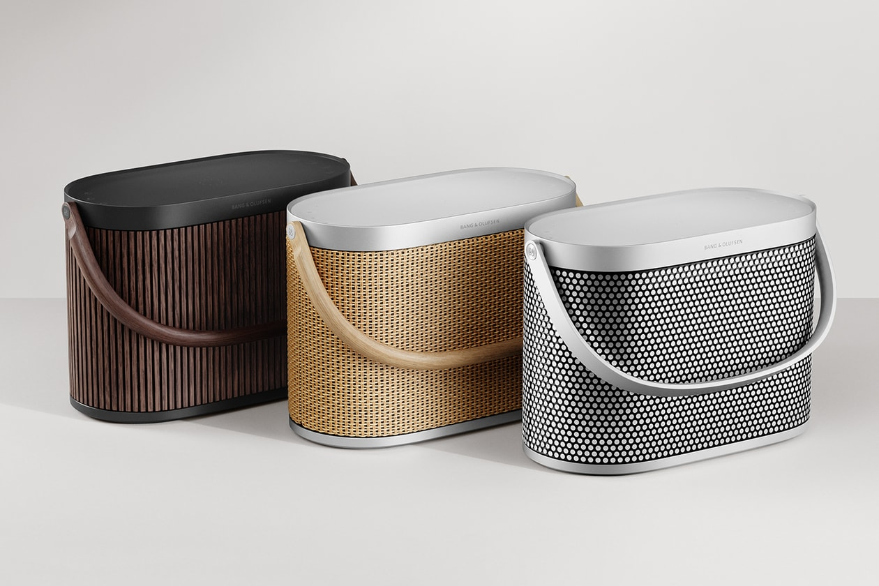 Bang & Olufsen's Beosound A5 in three finishes: Dark Oak, Nordic Weave and Spaced Aluminium.