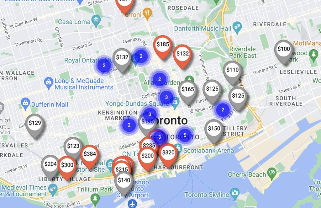 Map showing the monthly rent asked for parking spaces in Toronto