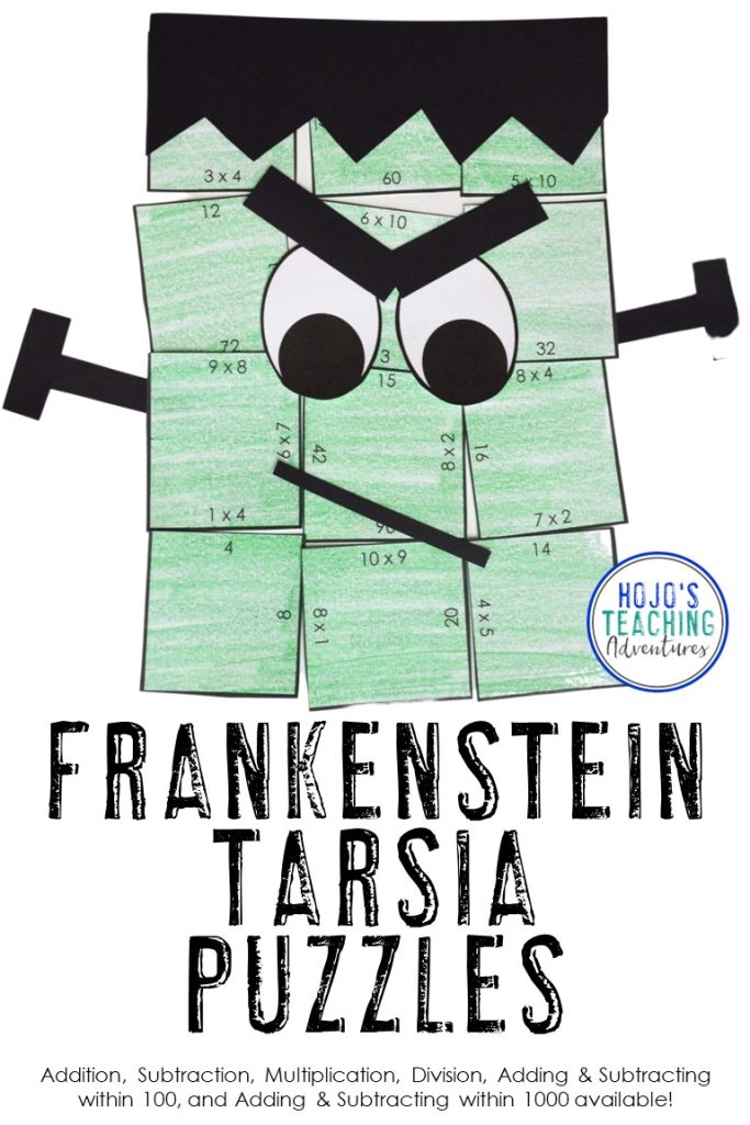 Easy Frankenstein Craft for Kids - This monster tarsia puzzle is great for autum fall or harvest festivals for Halloween in October. Add an academic twist with these hands-on math puzzles! Choose from addition, subtraction, division, multiplication, adding and subtracting within 100, or addition and subtraction within 1000. A great craftivity for 1st, 2nd, 3rd, or 4th grade students! (first, second, third, fourth graders, Year 1, 2, 3, 4)