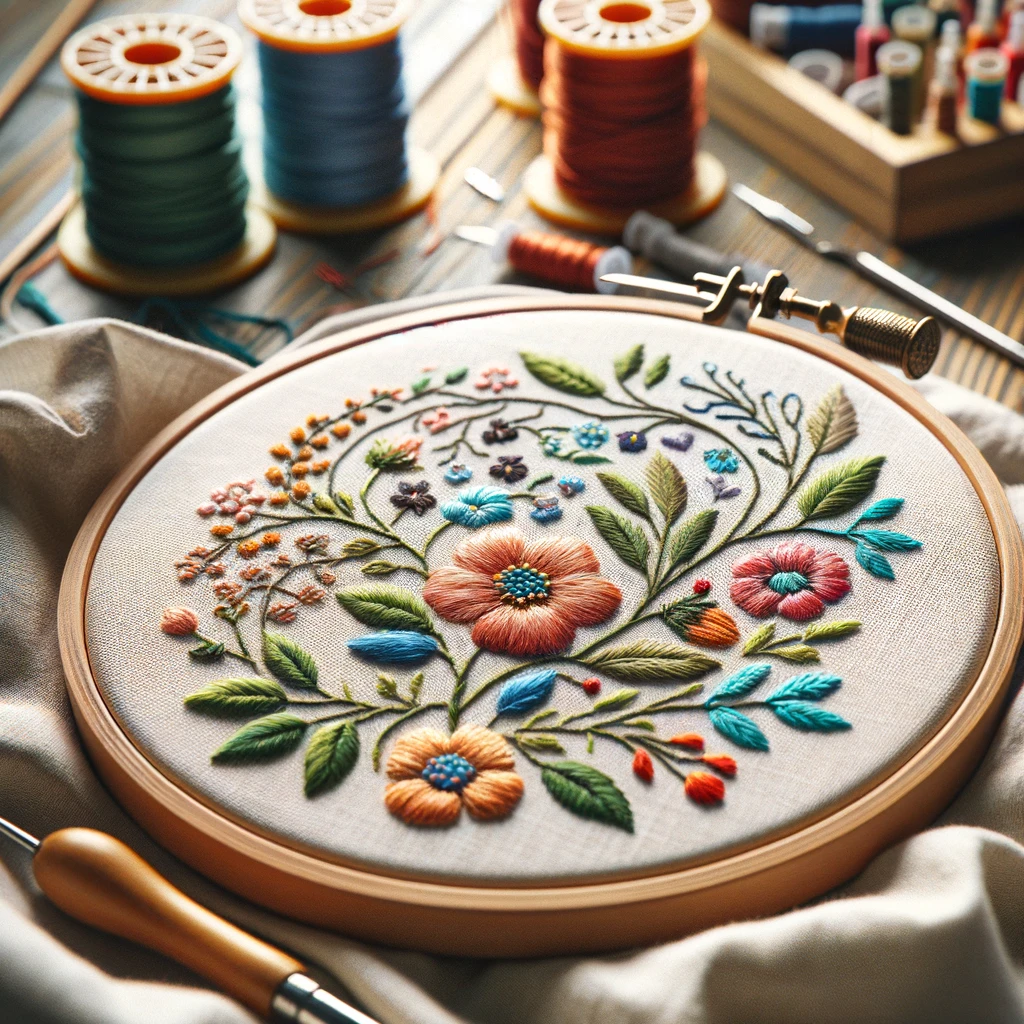 um bordado artesanal em andamento, com close de um bastidor, linhas coloridas e um padrão floral parcialmente concluído em um tecido.