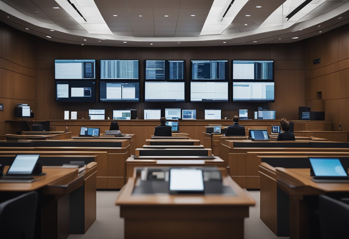 A courtroom with digital screens displaying legal documents and evidence, lawyers using tablets and computers to access information, and judges utilizing electronic case management systems