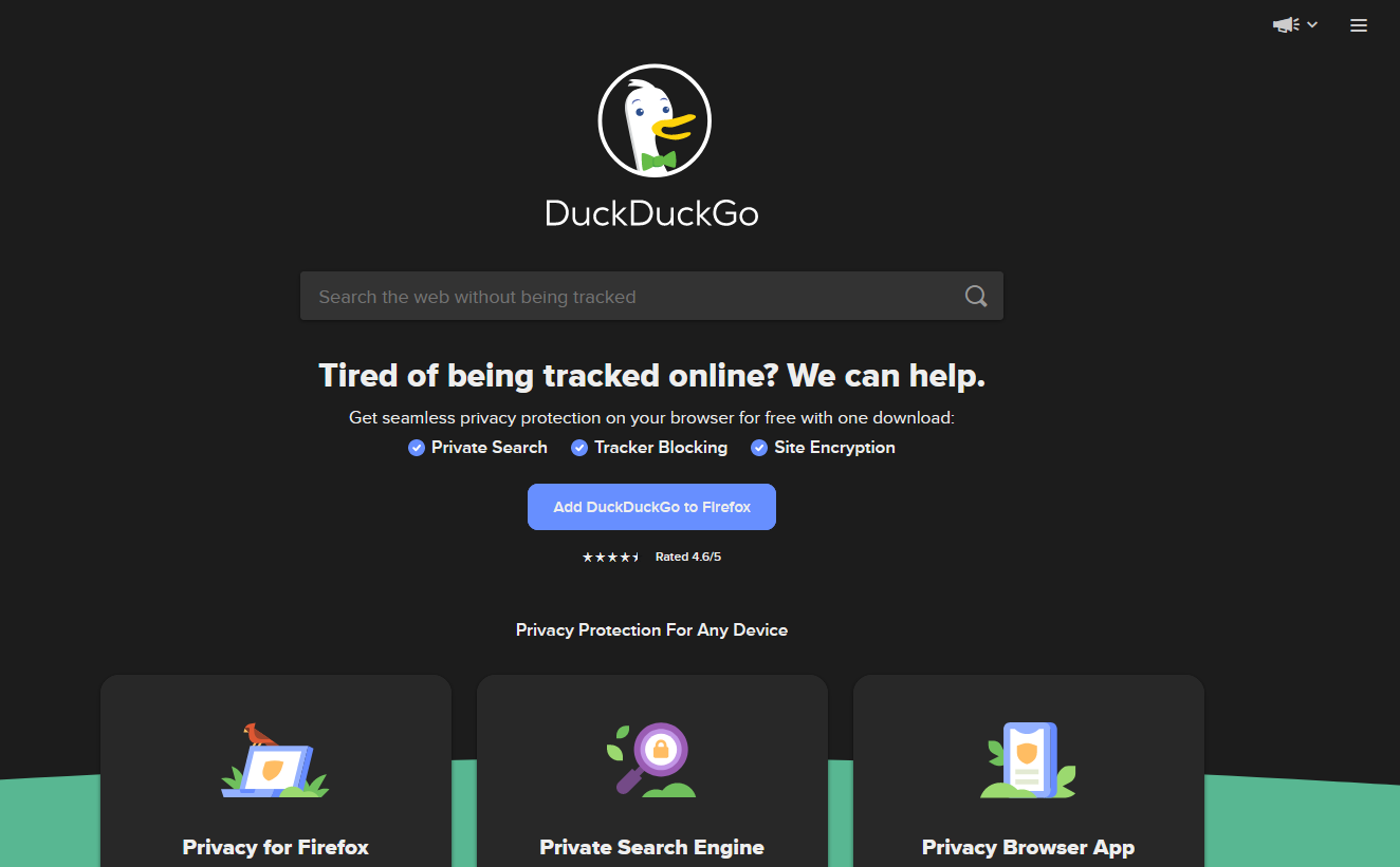 Screenshot del browser DuckDuckGo sul dark web