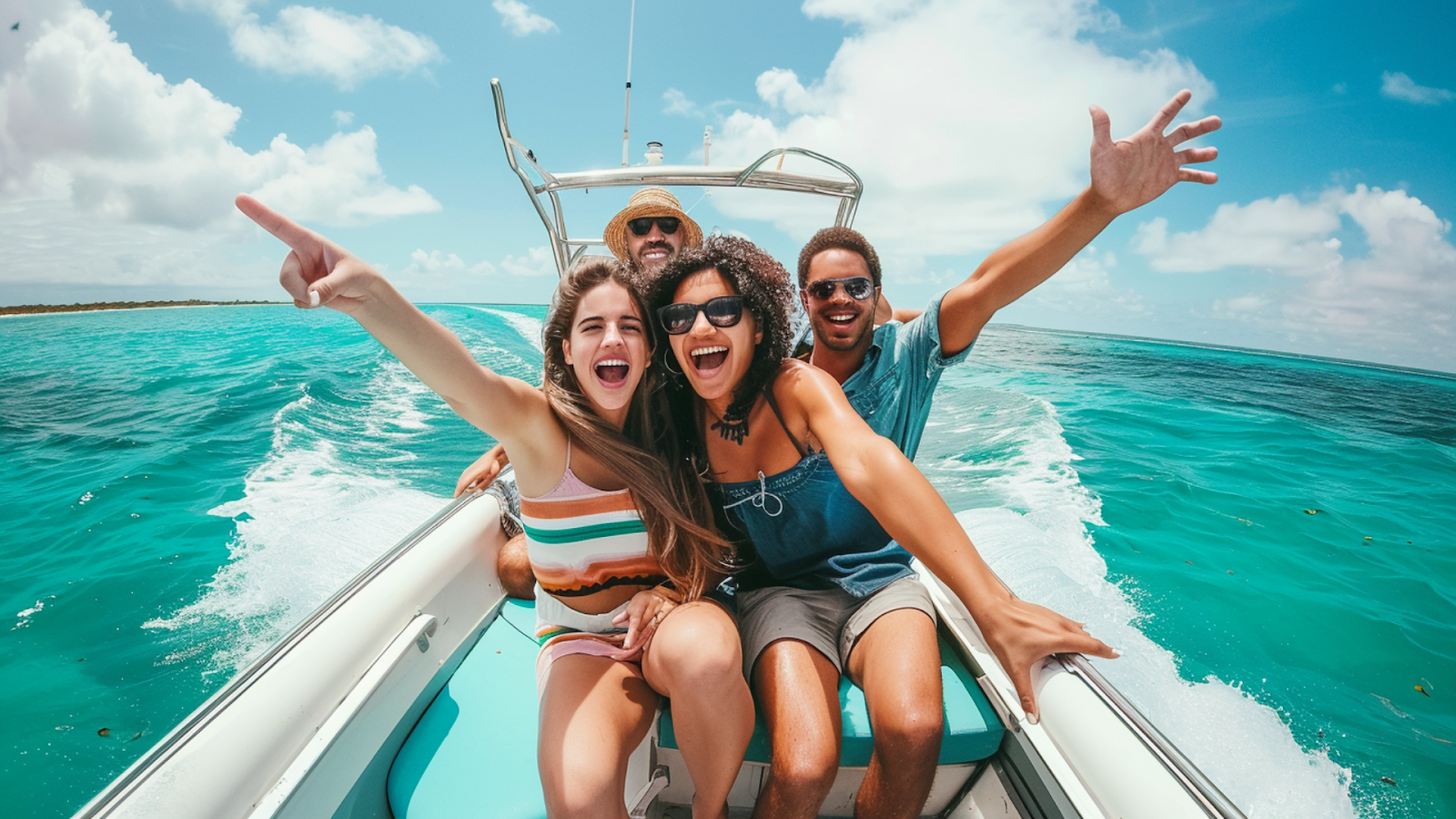 A group of friends riding a speedboat in Cancun