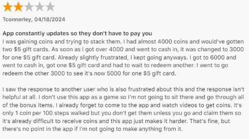 A 2-star Apple App Store review from a CashWalk user frustrated with the constant increases in points required to earn rewards. 