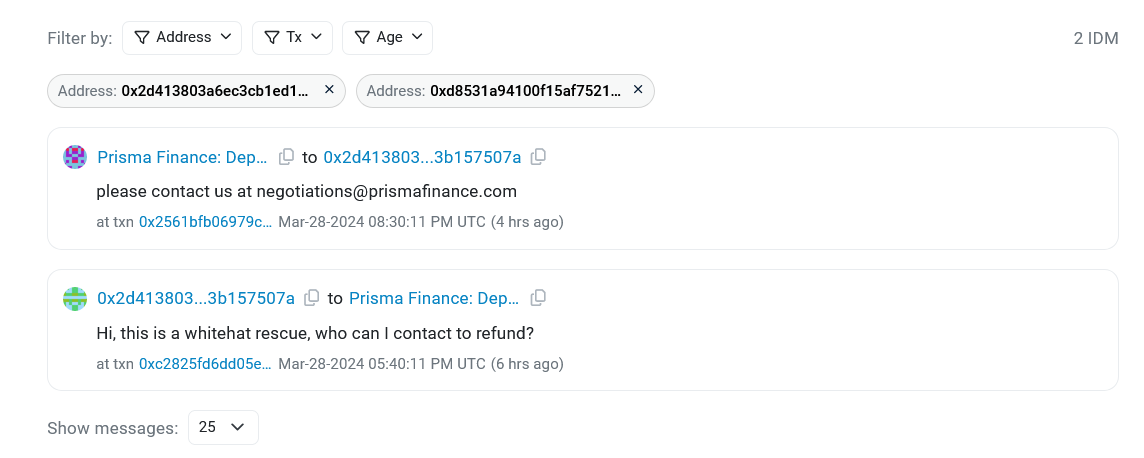 Etherscan (messages sent between Prisma Finance and the Hacker)