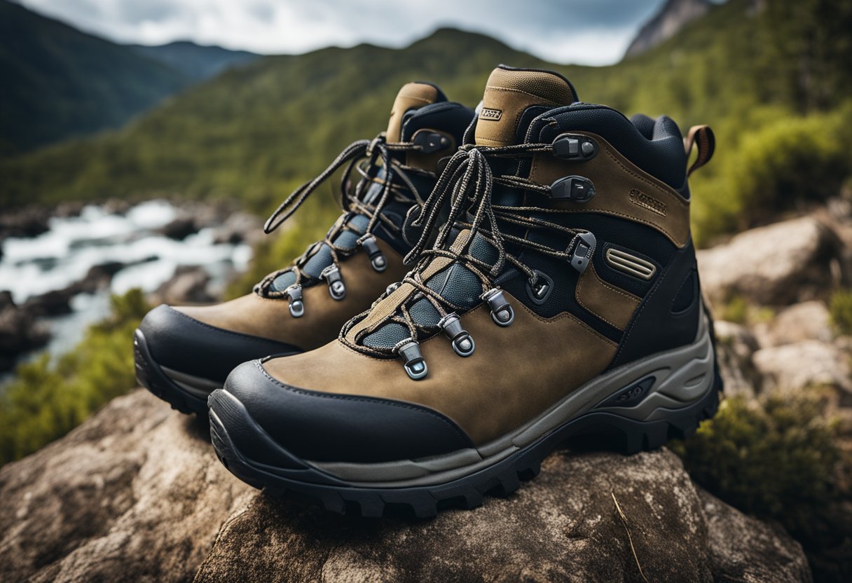 A close-up of high-tech hiking boots with advanced sole and waterproof materials, surrounded by rugged terrain and dense foliage