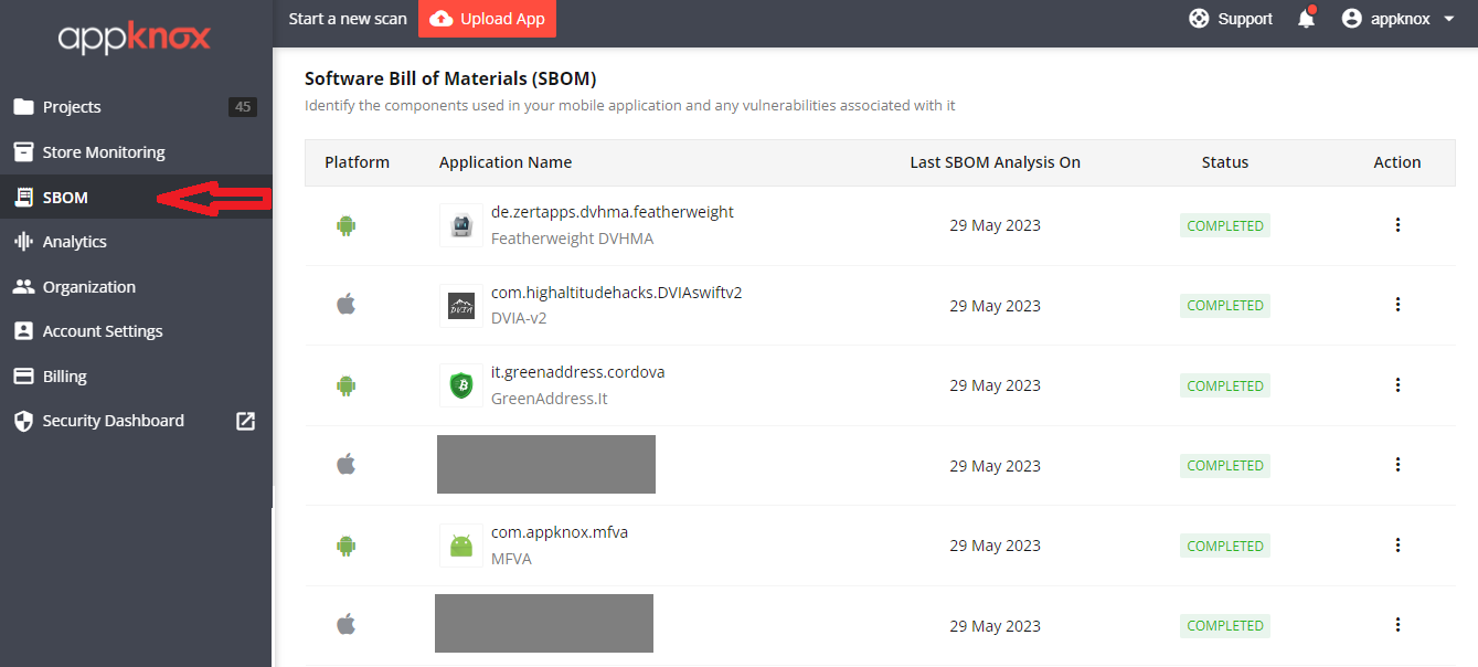 Appknox's dashboard shows its SBOM feature, which helps you identify the components used in your mobile app and the vulnerabilities associated with them | Automated SBOM