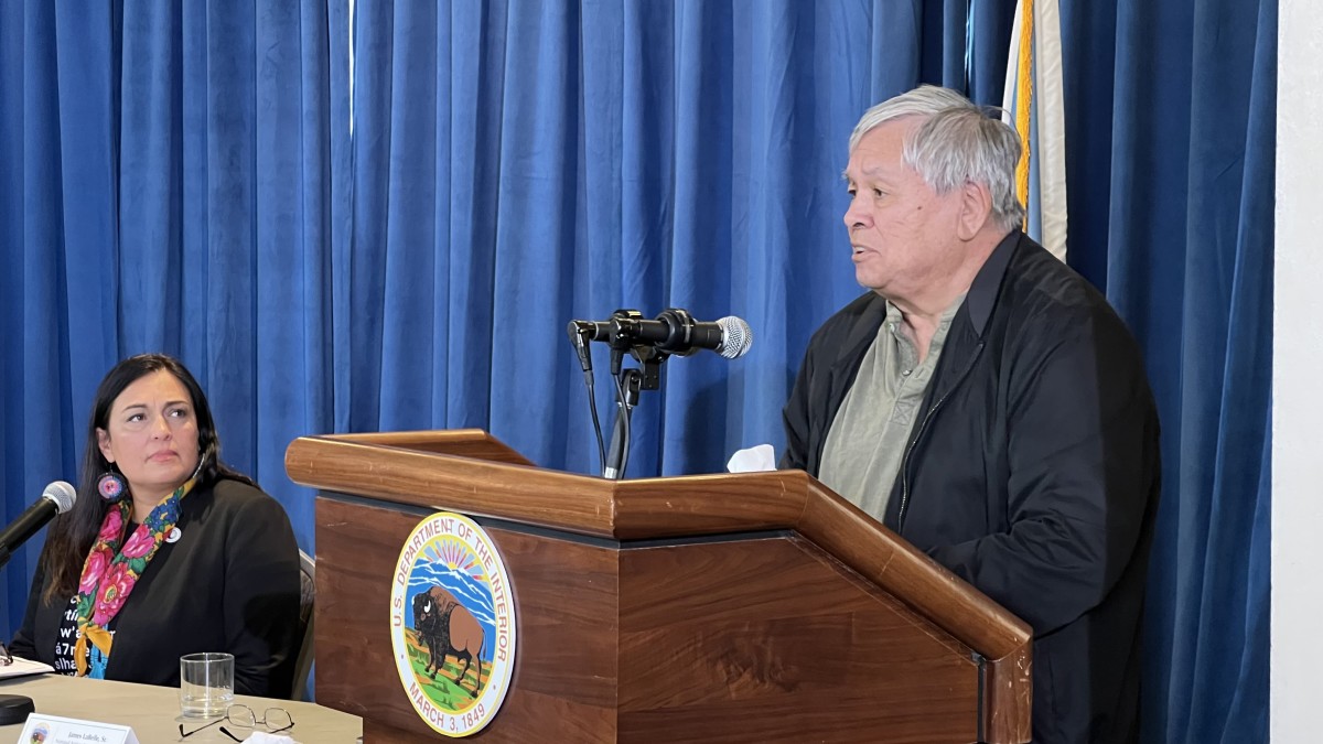 James LaBelle Sr., a boarding school survivor and the first vice president of the National Native American Boarding School Healing Coalition board, spoke at the Department of Interior news conference on May 11, 2022. (Photo by Jourdan Bennett-Begaye)