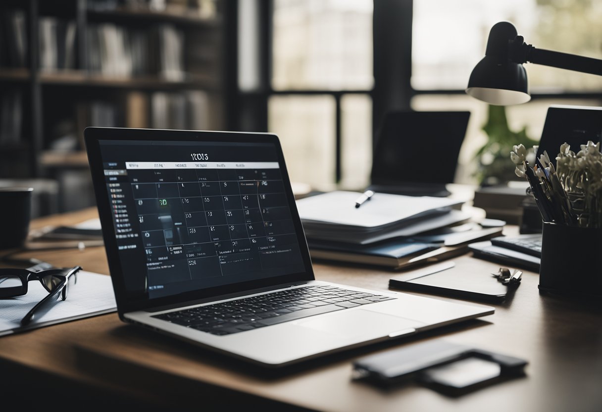 A laptop sits open on a cluttered desk, surrounded by notebooks and pens. A calendar hangs on the wall, marked with deadlines and appointments. A window lets in natural light, illuminating the workspace