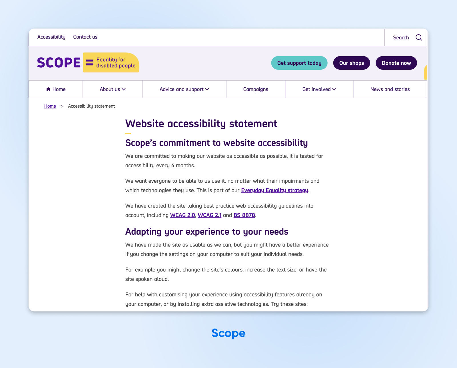 Página de declaración de accesibilidad de Scope que describe sus compromisos y adapta la experiencia a las necesidades de los usuarios.