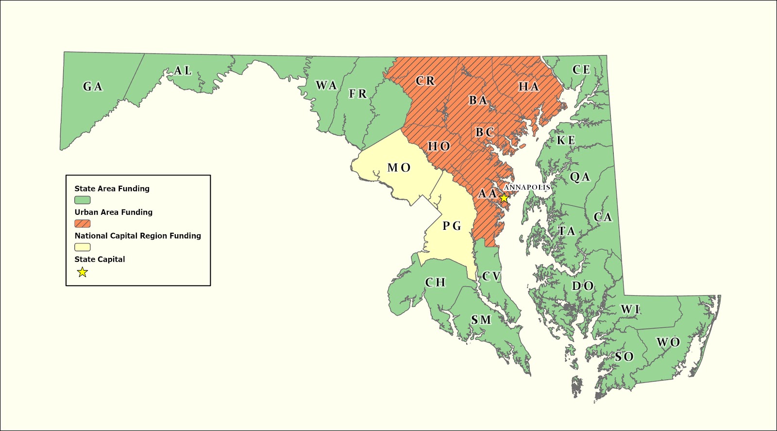 A map depicting the State Area, Baltimore Urban Area, and National Capital Urban Area. 